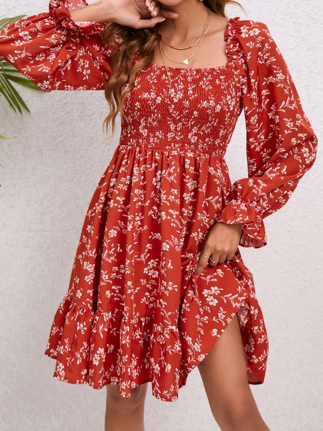 Floral Smocked Square Neck Dress - Luxe Shopping