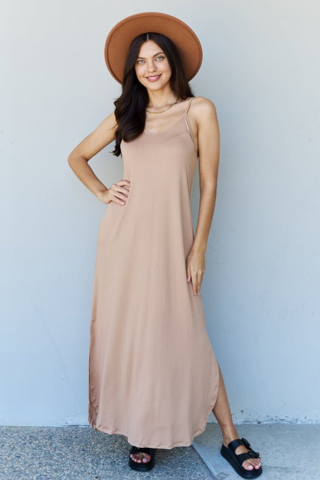 Full Size Cami Side Slit Maxi Dress in Camel - Luxe Shopping