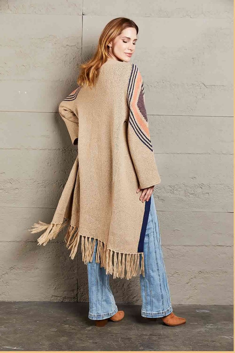 Geometric Fringe Hem Open Front Duster Cardigan - 3 Colors - Luxe Shopping