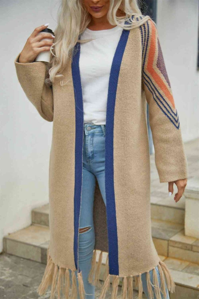 Geometric Fringe Hem Open Front Duster Cardigan - 3 Colors - Luxe Shopping