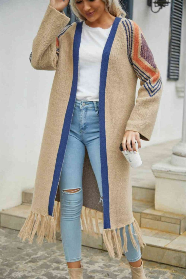 Geometric Fringe Hem Open Front Duster Cardigan - 3 Colors - Luxe Shopping