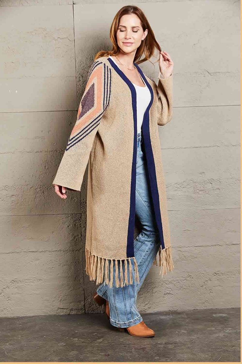 Geometric Fringe Hem Open Front Duster Cardigan - 3 Colors - Luxe Shopping