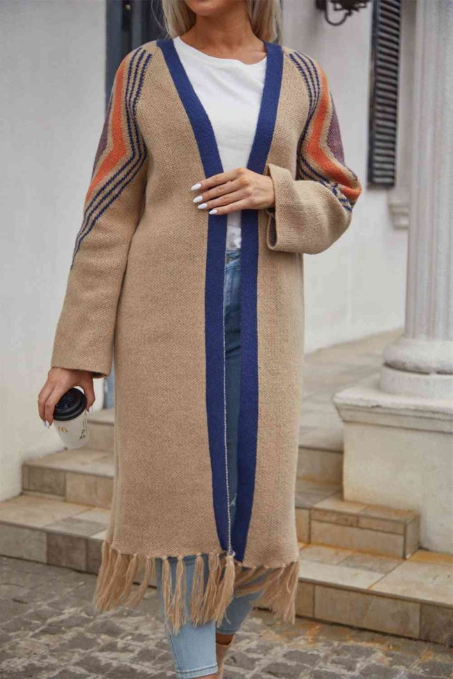 Geometric Fringe Hem Open Front Duster Cardigan - 3 Colors - Luxe Shopping