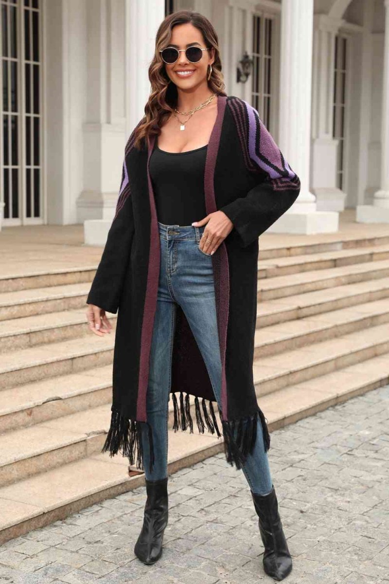 Geometric Fringe Hem Open Front Duster Cardigan - 3 Colors - Luxe Shopping