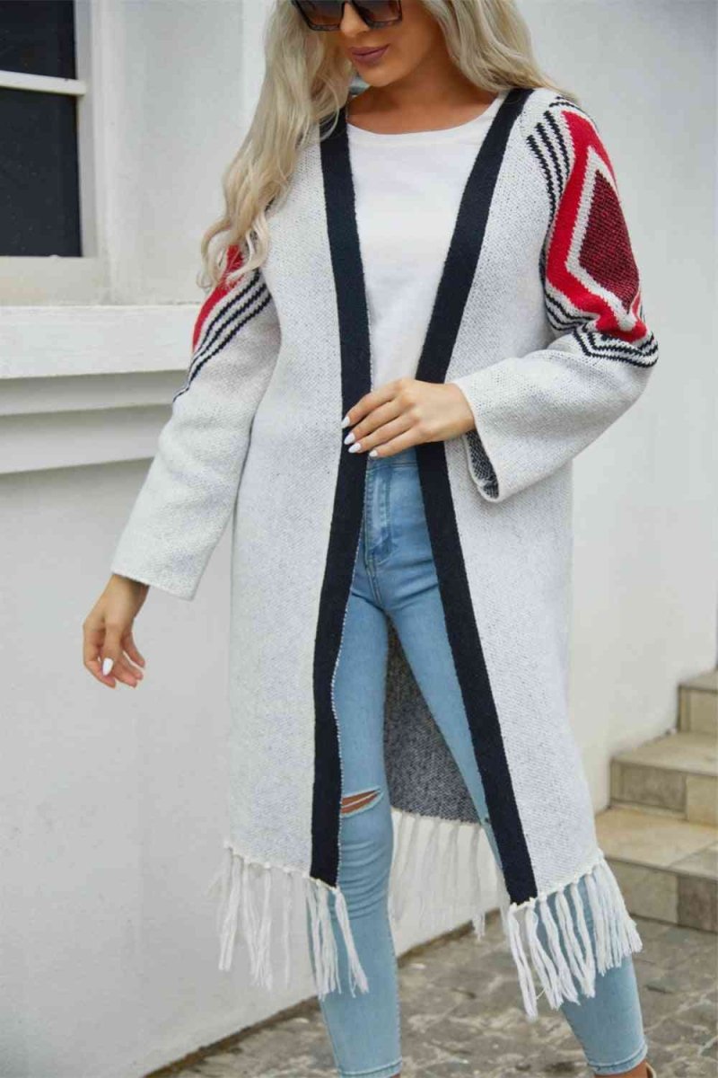 Geometric Fringe Hem Open Front Duster Cardigan - 3 Colors - Luxe Shopping