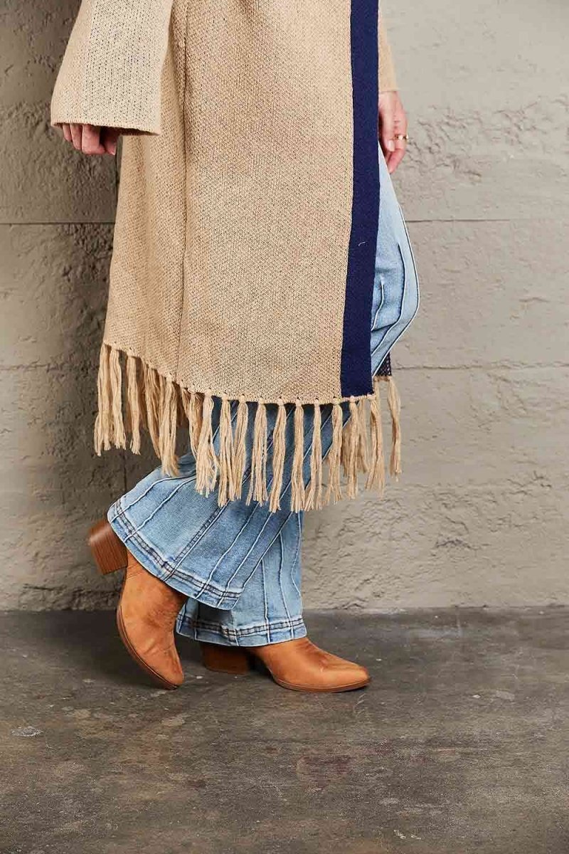 Geometric Fringe Hem Open Front Duster Cardigan - 3 Colors - Luxe Shopping