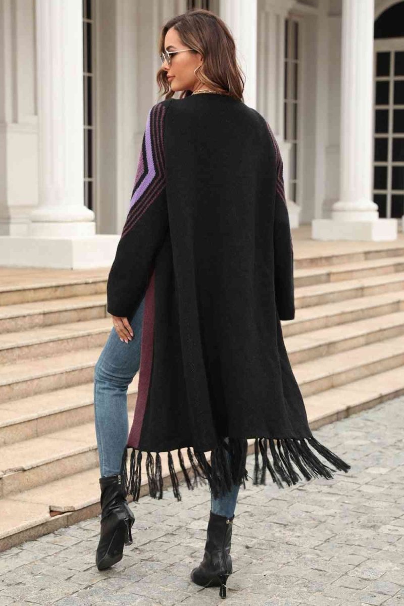 Geometric Fringe Hem Open Front Duster Cardigan - 3 Colors - Luxe Shopping