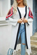 Geometric Fringe Hem Open Front Duster Cardigan - 3 Colors - Luxe Shopping