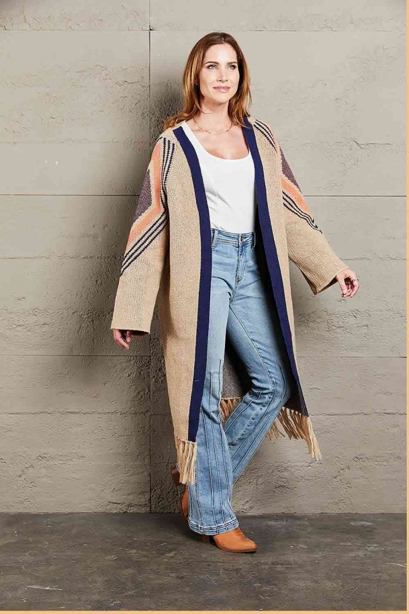Geometric Fringe Hem Open Front Duster Cardigan - 3 Colors - Luxe Shopping