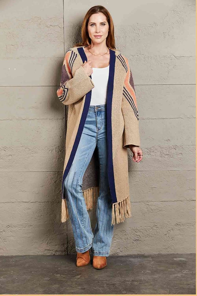 Geometric Fringe Hem Open Front Duster Cardigan - 3 Colors - Luxe Shopping