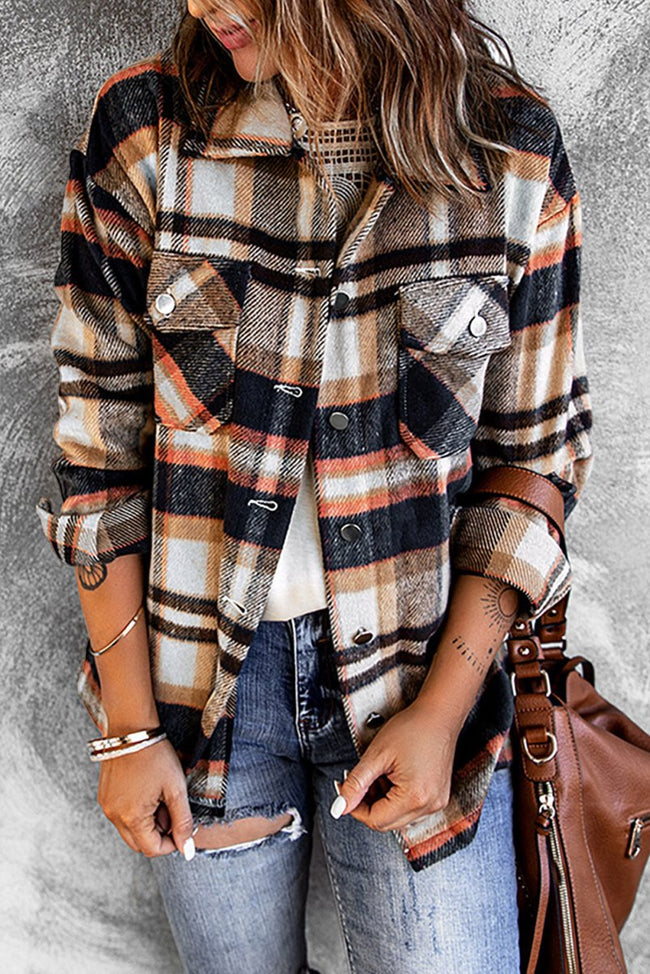 Geometric Plaid Print Pocketed Shacket - Luxe Shopping