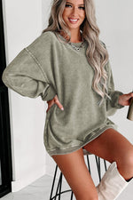 Green Solid Ribbed Knit Round Neck Pullover Sweatshirt - Luxe Shopping