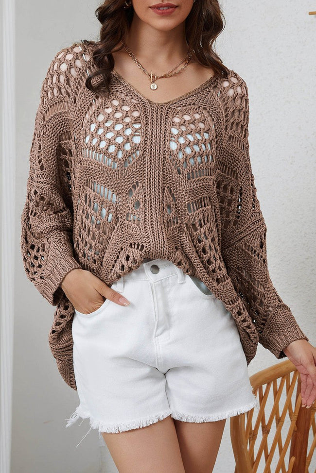 Khaki Hollowed Knit V Neck Dolman Sleeve Sweater - Luxe Shopping