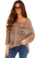 Khaki Hollowed Knit V Neck Dolman Sleeve Sweater - Luxe Shopping