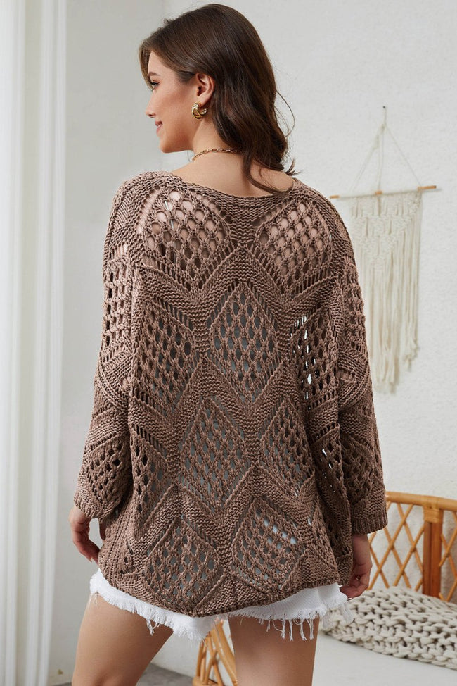 Khaki Hollowed Knit V Neck Dolman Sleeve Sweater - Luxe Shopping