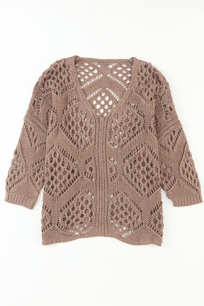 Khaki Hollowed Knit V Neck Dolman Sleeve Sweater - Luxe Shopping