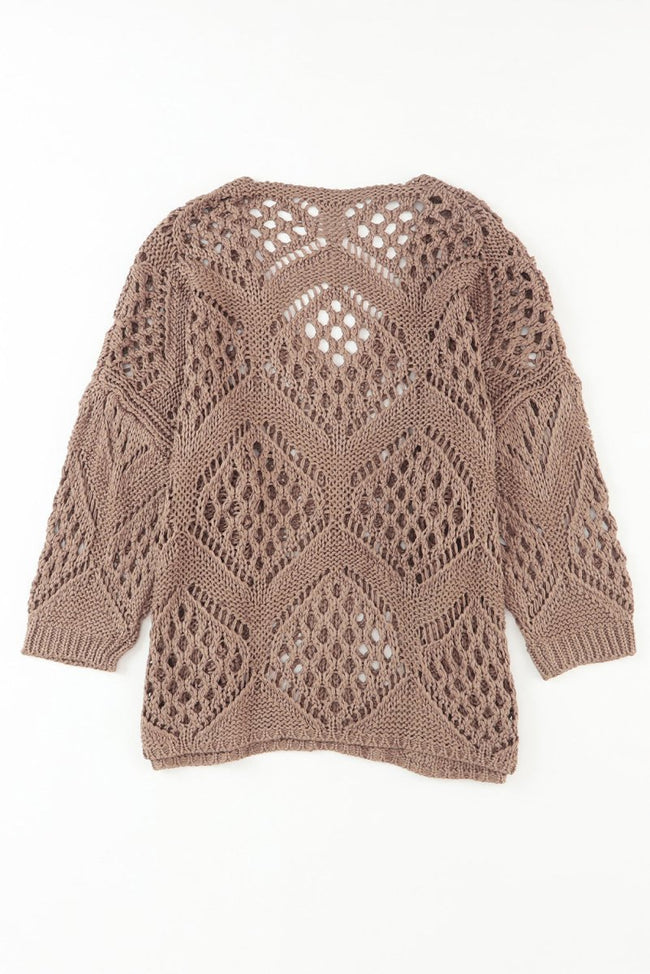 Khaki Hollowed Knit V Neck Dolman Sleeve Sweater - Luxe Shopping