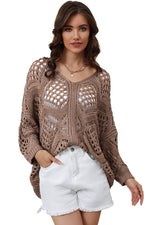 Khaki Hollowed Knit V Neck Dolman Sleeve Sweater - Luxe Shopping