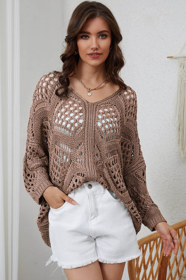 Khaki Hollowed Knit V Neck Dolman Sleeve Sweater - Luxe Shopping