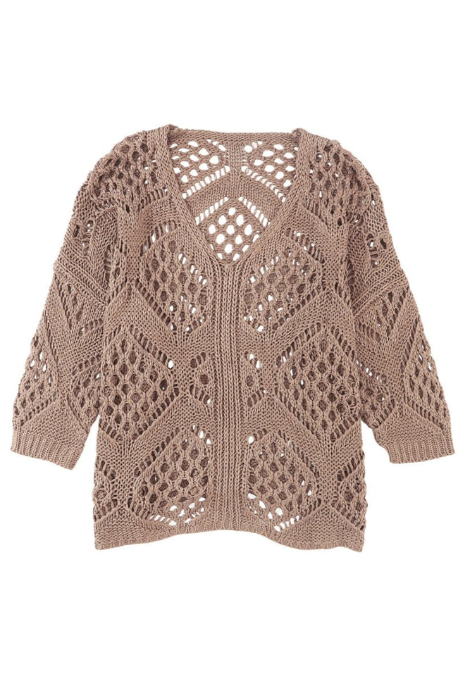 Khaki Hollowed Knit V Neck Dolman Sleeve Sweater - Luxe Shopping