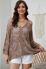 Khaki Hollowed Knit V Neck Dolman Sleeve Sweater - Luxe Shopping