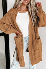 Khaki Ribbed Trim Eyelet Cable Knit Cardigan - Luxe Shopping