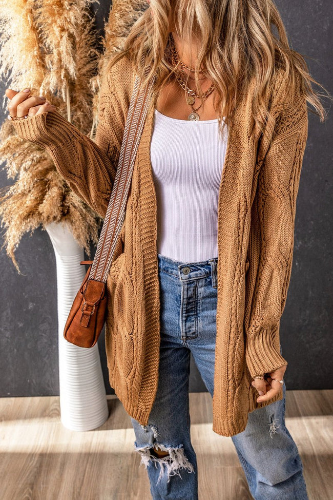 Khaki Ribbed Trim Eyelet Cable Knit Cardigan - Luxe Shopping