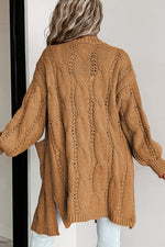 Khaki Ribbed Trim Eyelet Cable Knit Cardigan - Luxe Shopping