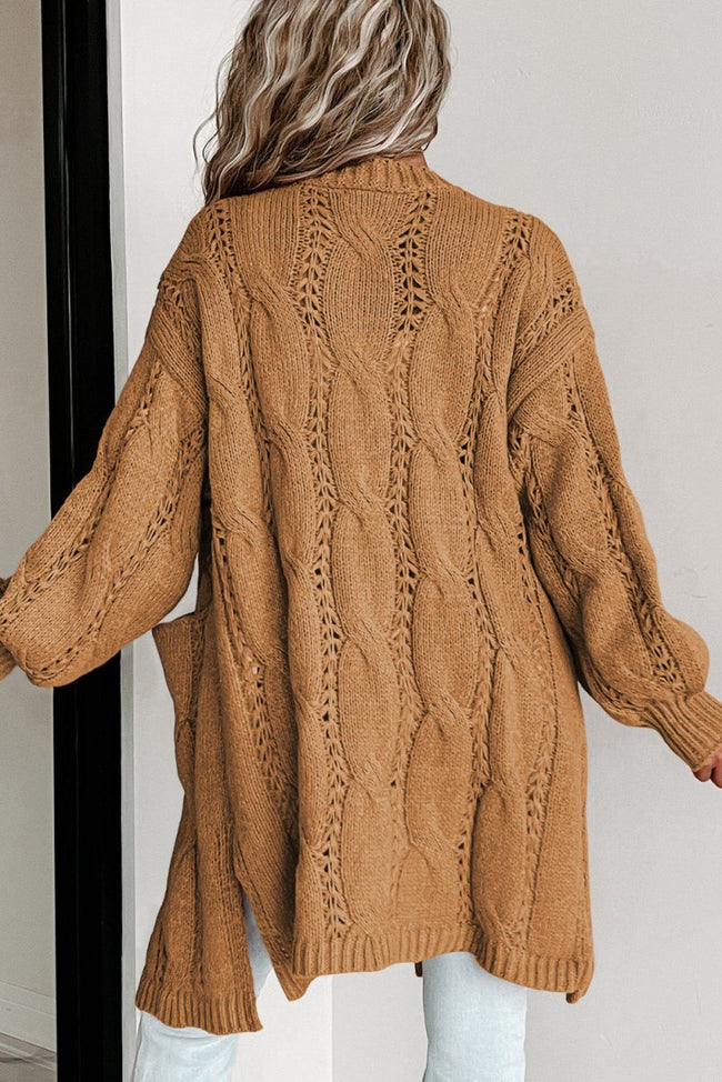 Khaki Ribbed Trim Eyelet Cable Knit Cardigan - Luxe Shopping