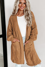 Khaki Ribbed Trim Eyelet Cable Knit Cardigan - Luxe Shopping