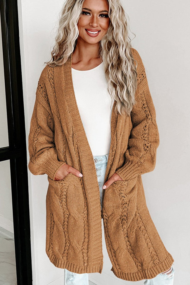 Khaki Ribbed Trim Eyelet Cable Knit Cardigan - Luxe Shopping