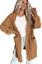 Khaki Ribbed Trim Eyelet Cable Knit Cardigan - Luxe Shopping