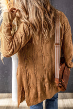 Khaki Ribbed Trim Eyelet Cable Knit Cardigan - Luxe Shopping