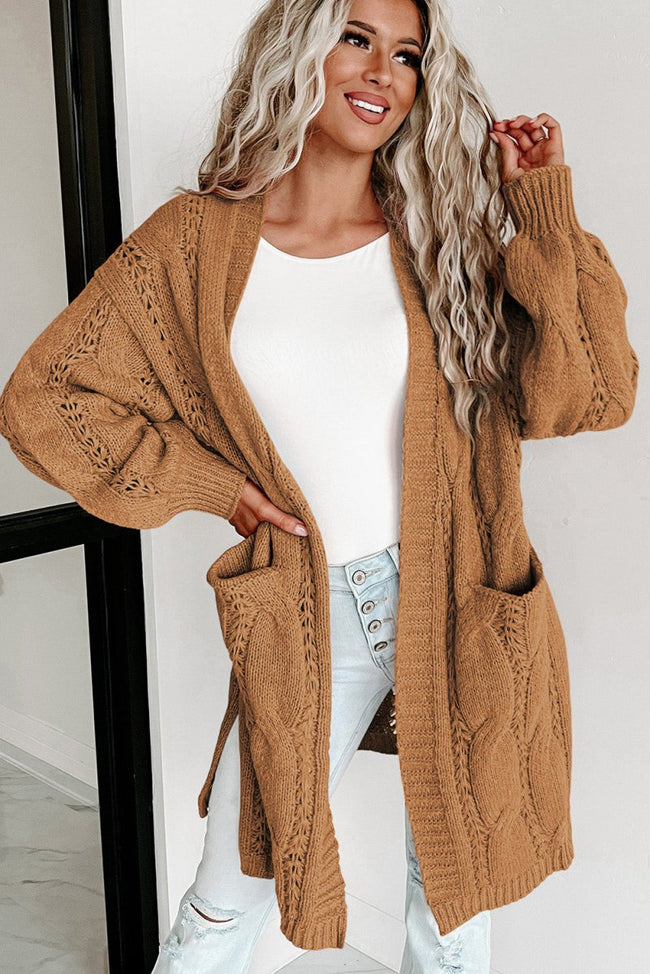 Khaki Ribbed Trim Eyelet Cable Knit Cardigan - Luxe Shopping