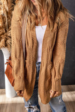 Khaki Ribbed Trim Eyelet Cable Knit Cardigan - Luxe Shopping