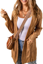 Khaki Ribbed Trim Eyelet Cable Knit Cardigan - Luxe Shopping