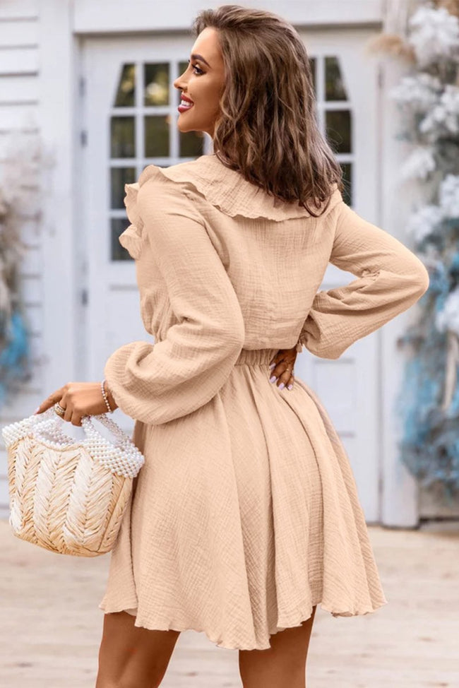 Khaki Textured Ruffled V Neck High Waist Mini Dress - Luxe Shopping