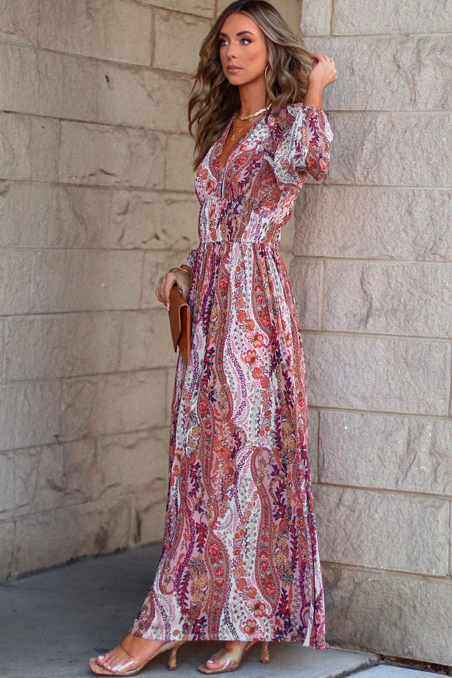 Multicolour Boho Paisley Print V Neck Empire Waist Maxi Dress - Luxe Shopping