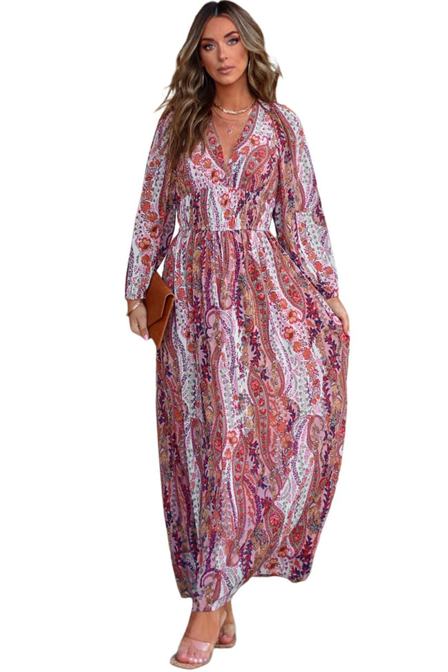 Multicolour Boho Paisley Print V Neck Empire Waist Maxi Dress - Luxe Shopping