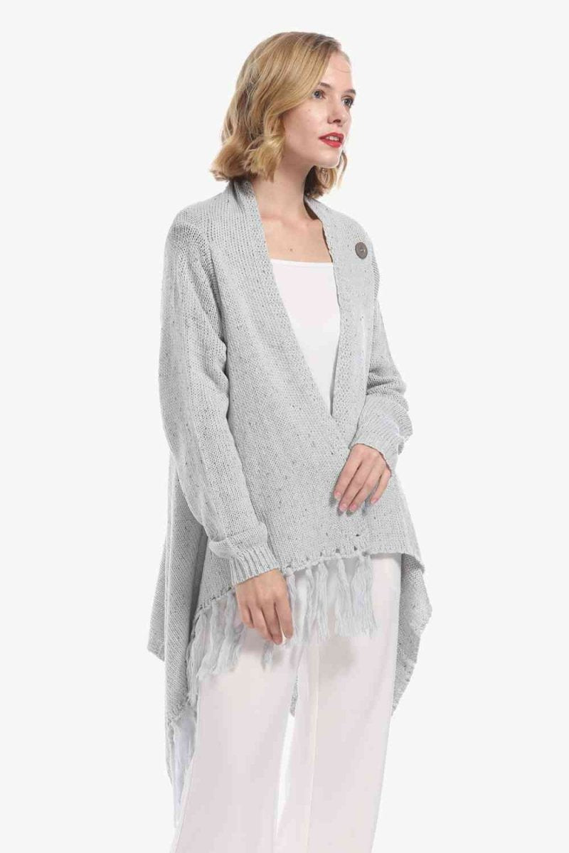 One-Button Tassel Tie Asymmetrical Hem Cardigan - 4 Colors - Luxe Shopping