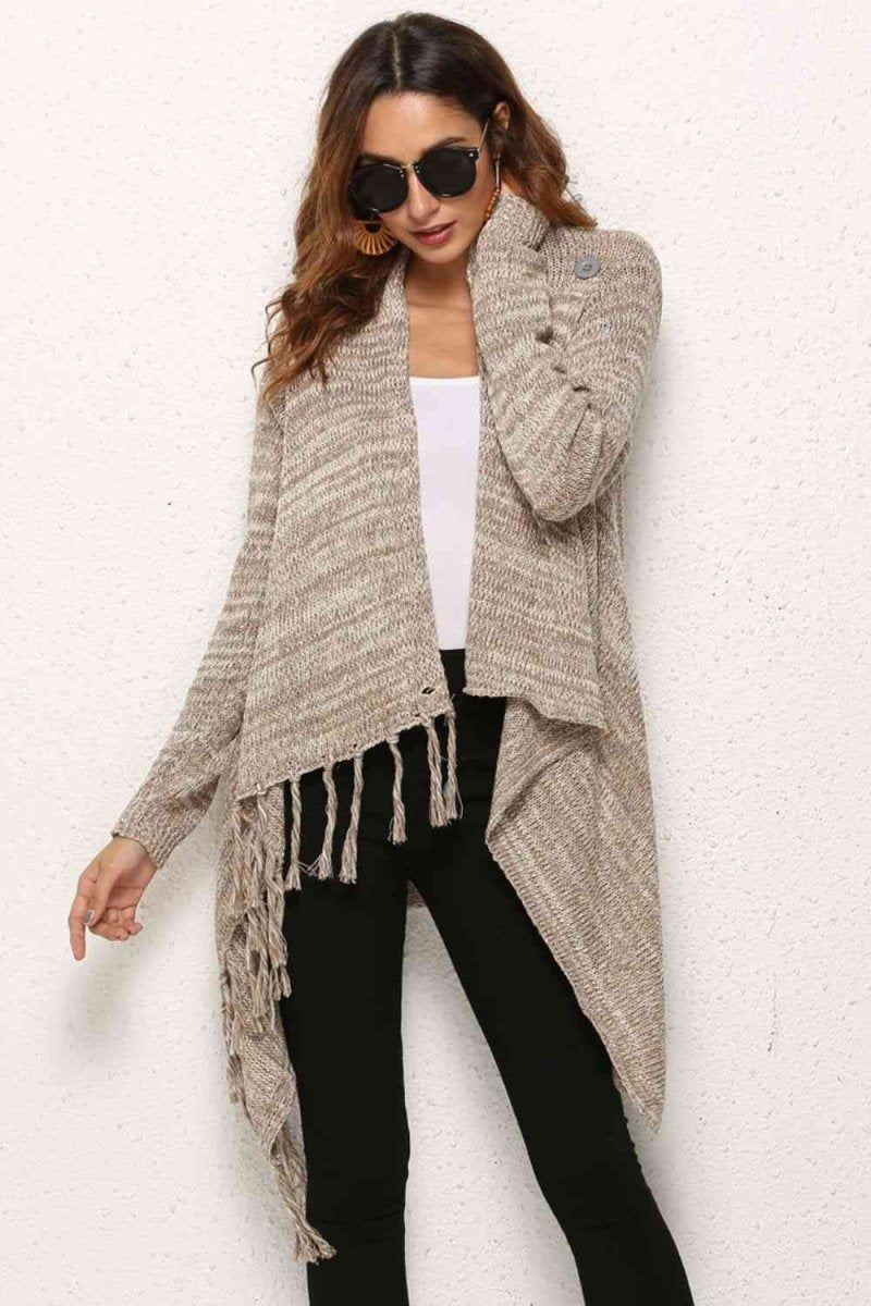 One-Button Tassel Tie Asymmetrical Hem Cardigan - 4 Colors - Luxe Shopping