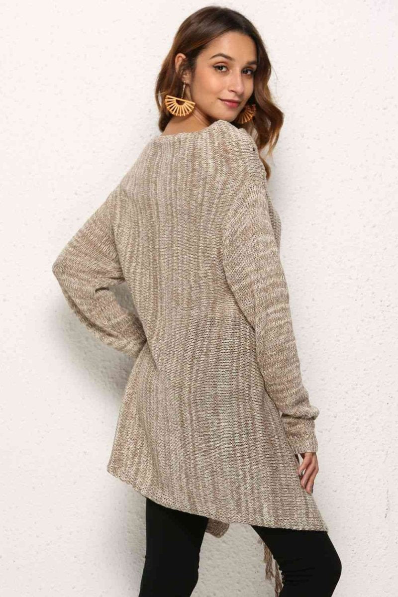 One-Button Tassel Tie Asymmetrical Hem Cardigan - 4 Colors - Luxe Shopping