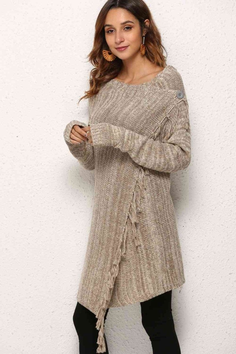 One-Button Tassel Tie Asymmetrical Hem Cardigan - 4 Colors - Luxe Shopping