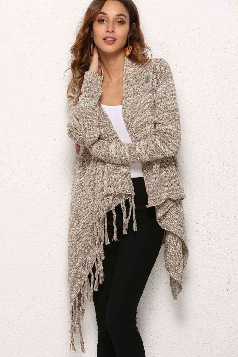 One-Button Tassel Tie Asymmetrical Hem Cardigan - 4 Colors - Luxe Shopping