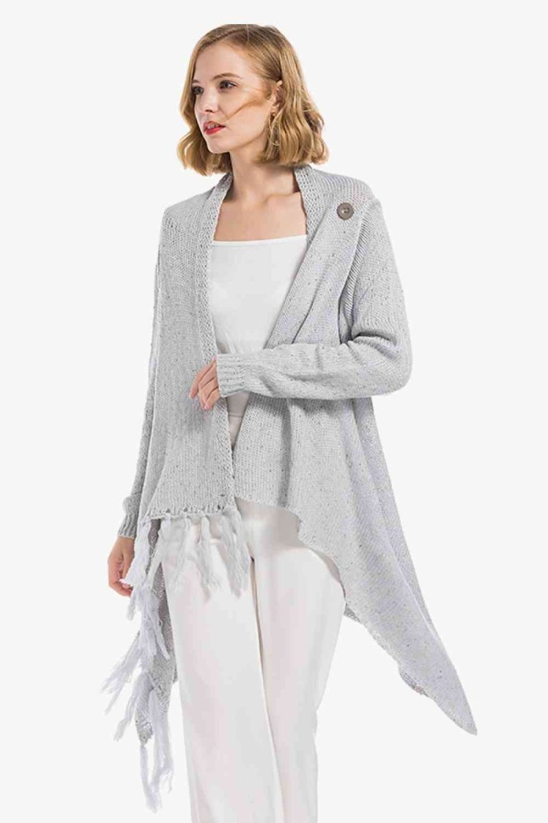 One-Button Tassel Tie Asymmetrical Hem Cardigan - 4 Colors - Luxe Shopping