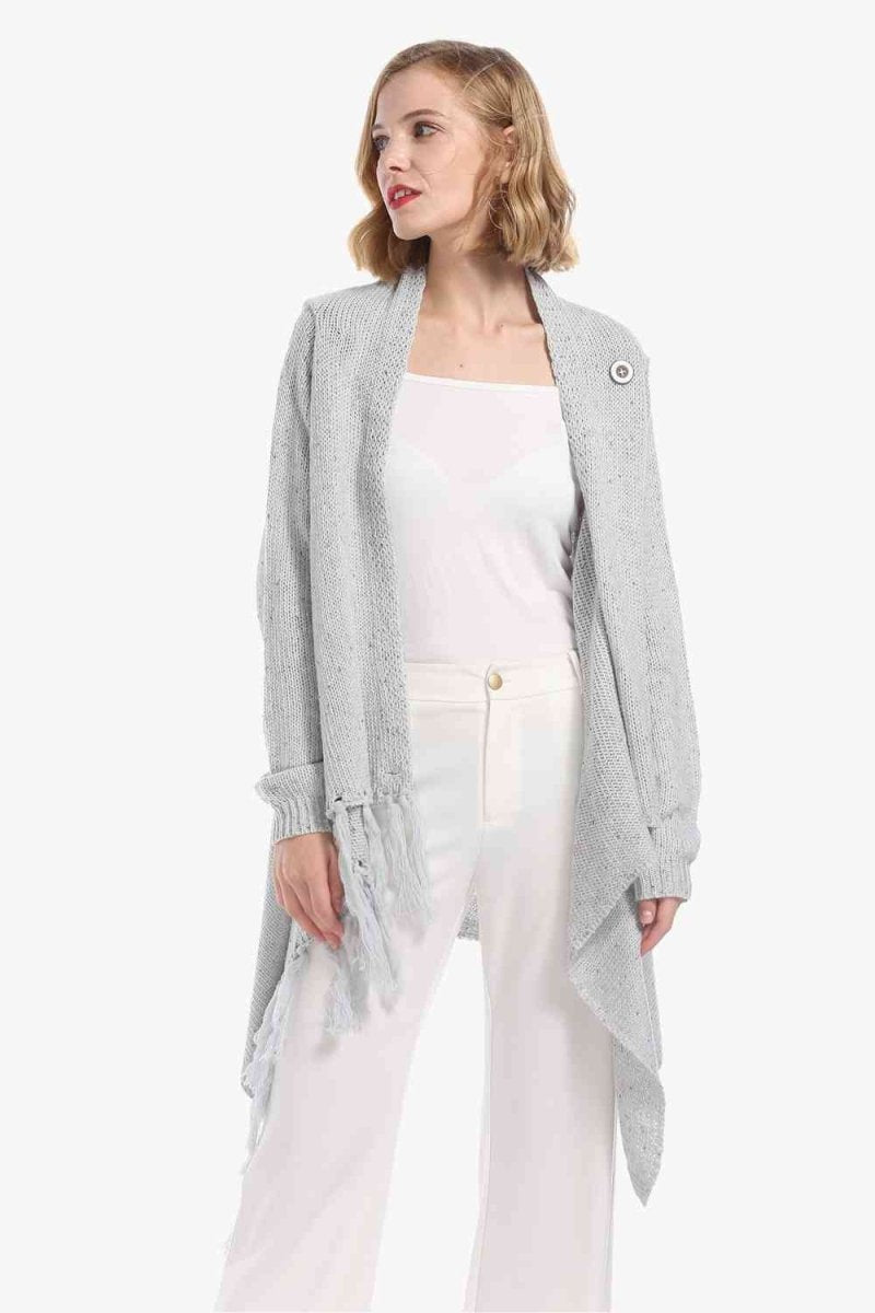 One-Button Tassel Tie Asymmetrical Hem Cardigan - 4 Colors - Luxe Shopping