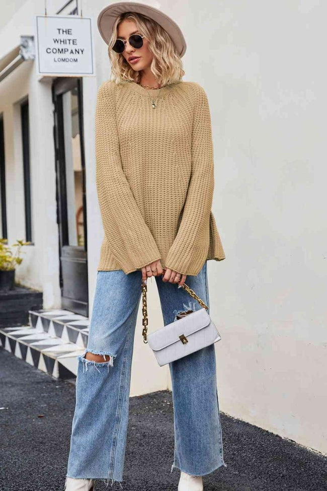 Raglan Sleeve Waffle Knit Sweater - Luxe Shopping