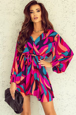 Red Abstract Printed Belted Puff Sleeve Mini Dress