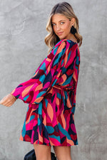 Red Abstract Printed Belted Puff Sleeve Mini Dress - Luxe Shopping