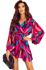 Red Abstract Printed Belted Puff Sleeve Mini Dress - Luxe Shopping